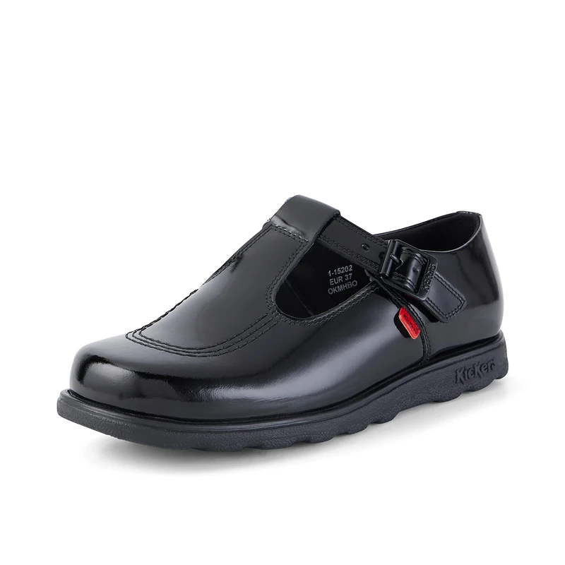 Kickers Women's Fragma T-Buckle Black Leather School Shoes, Patent Black, 3 UK