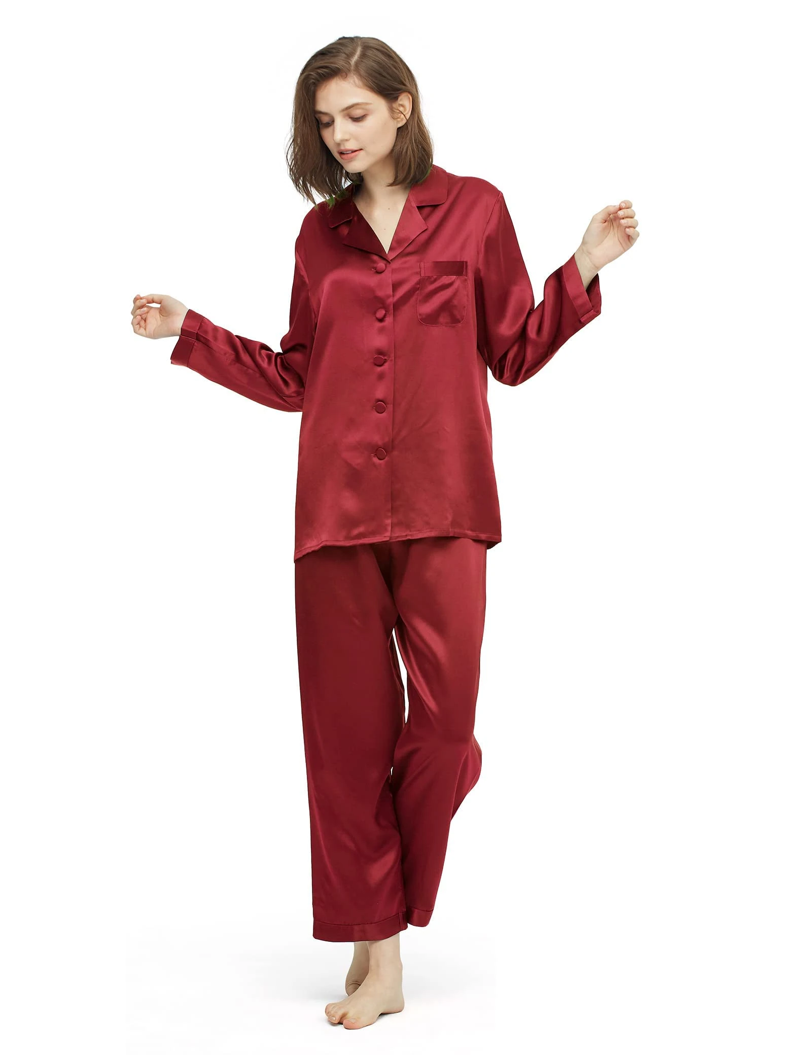 LilySilk Real Silk Pajamas for Women Comfy Two Piece Set Long Sleeve 19 Momme Pure Mulberry Natural Silk Sleepwear Ladies (Claret, L)
