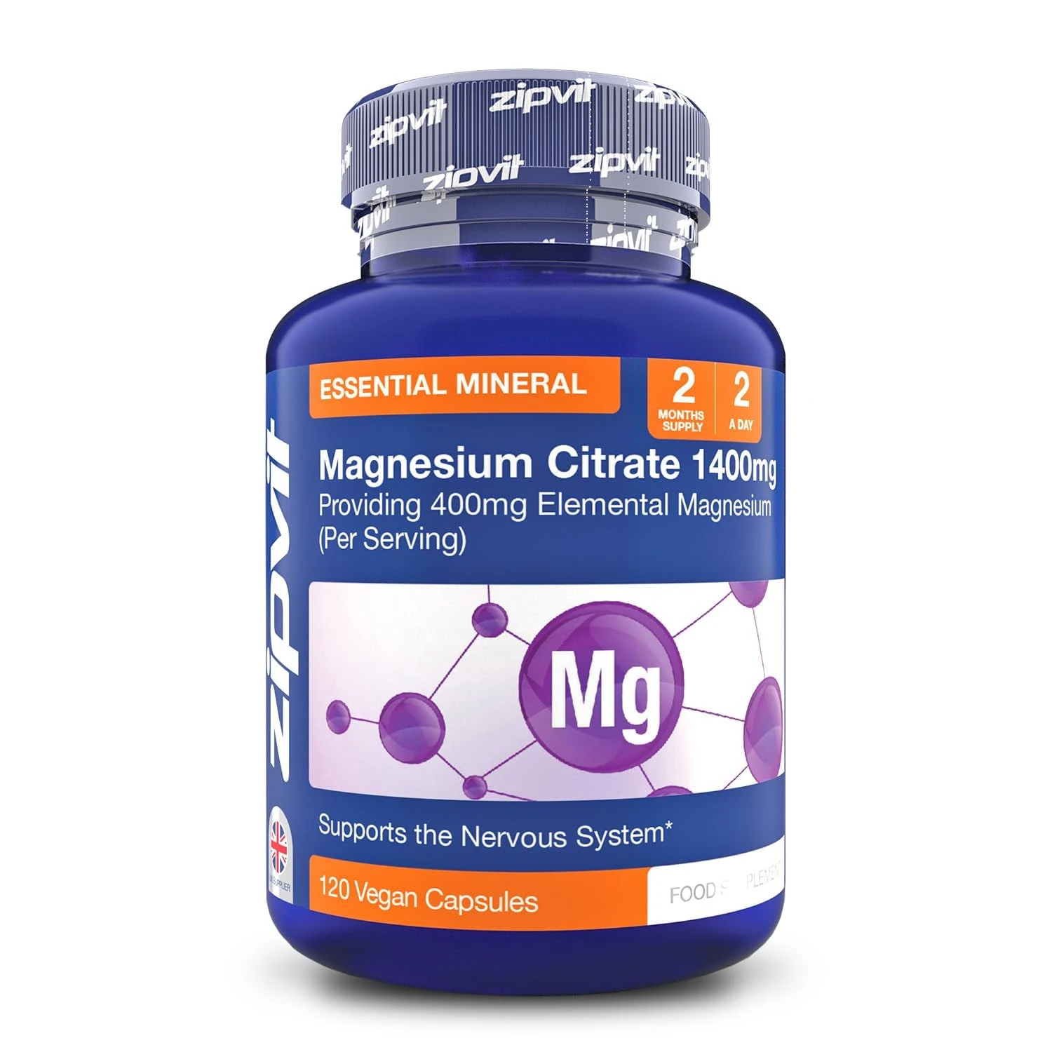 Zipvit Magnesium Citrate 1400mg, Provides 400mg Elemental Magnesium, Highly Absorbable for Bone, Muscle & Energy Support. 120 Vegan Capsules, 2 a Day, 2 Months Supply.