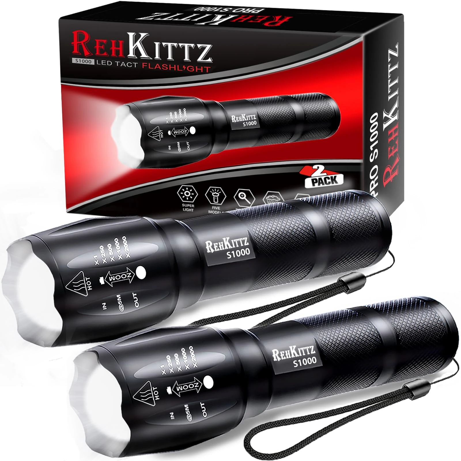 REHKITTZ Torch LED Super Bright 2000 Lumen (2 Pack), Adjustable Focus with 5 Lighting Modes, Aluminium Alloy Pocket Size Flashlights, LED Lights for Emergency and Camping