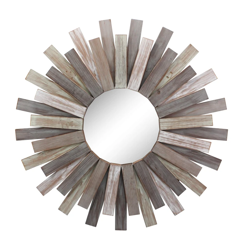 Stonebriar Large Round 31.3" Wooden Sunburst Hanging Wall Mirror with Attached Hanging Bracket - Image 1