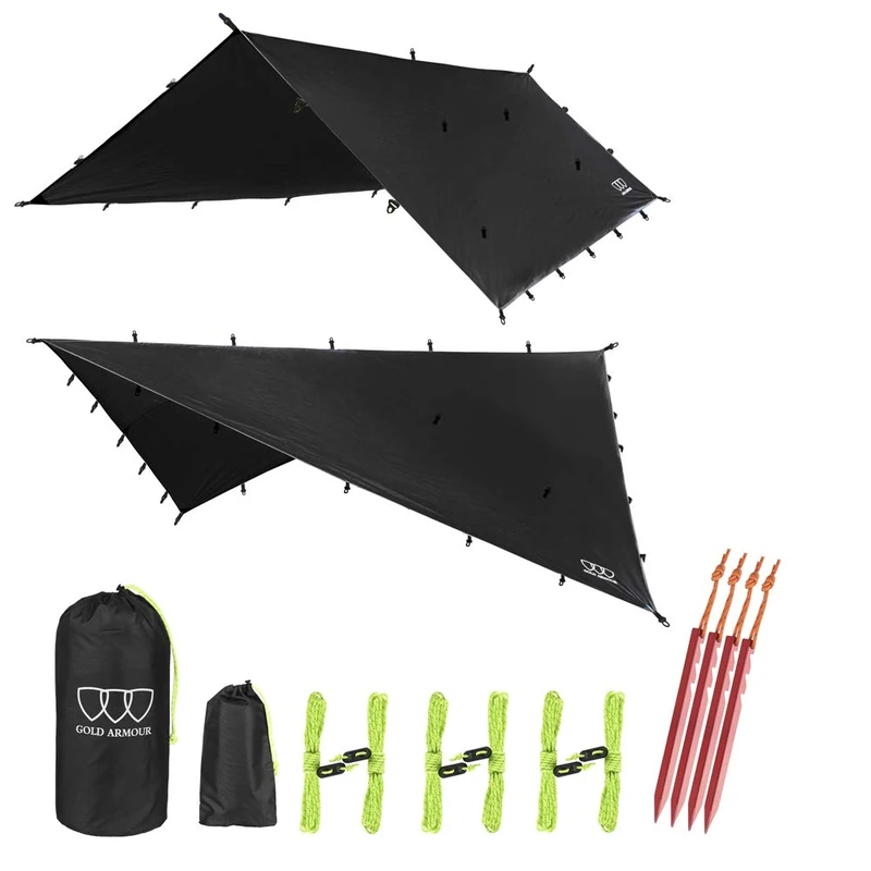 Gold Armour Rainfly Tarp Hammock, 14.7ft/12ft/10ft/8ft Rain Fly Cover, Waterproof Ultralight Ripstop Fabric, Survival Gear Backpacking (Black, 12ft x 10ft) - Image 1