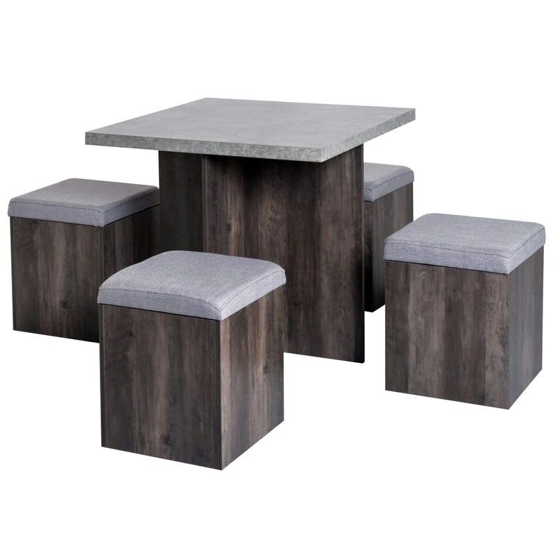 HOMCOM 5PC Dining Set Indoor Outdoor Garden Patio Wooden Set 4 Storage Stools Footrest Ottoman with Cushions + 1 Table Space Saving Design - Image 1
