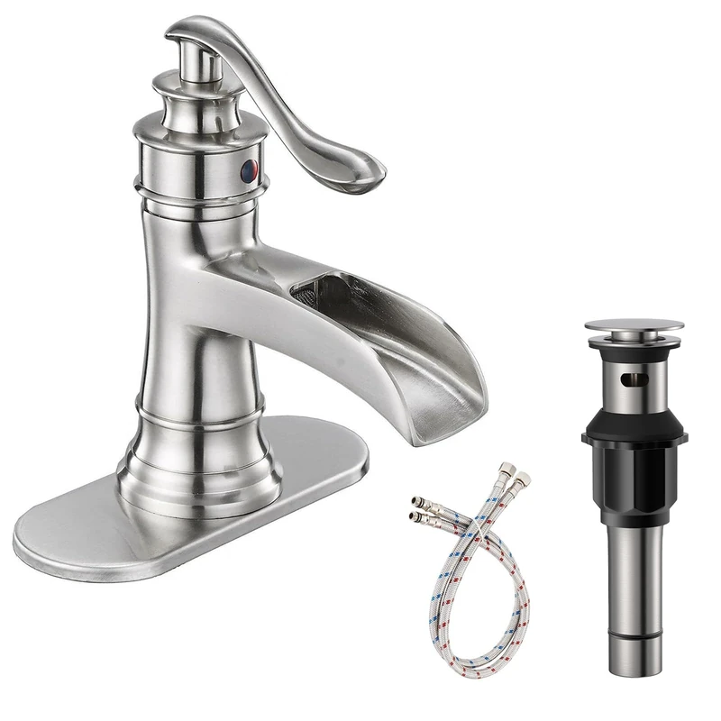 Bathroom Faucet Brushed Nickel Sink Waterfall Bath Spout Vanity Antique Style Deck Mount Single Hole Single-Handle Mixer Tap with Pop up Drain Stopper Supply Lines Hose Lead-Free by Bathfinesse