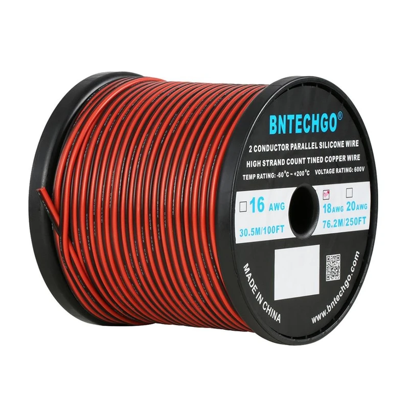 BNTECHGO 18 Gauge Flexible 2 Conductor Parallel Silicone Wire Spool Red Black High Resistant 200 deg C 600V for Single Color LED Strip Extension Cable Cord,Model,250ft Stranded Tinned Copper Wire