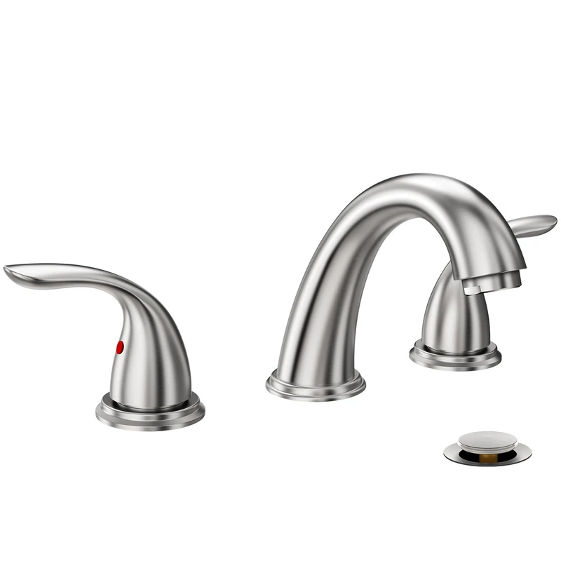 2 Handles 3 Holes Deck Mount Brushed Nickel Widespread Bathroom Faucet by phiestina,with Stainless Steel Pop Up Drain, WF008-5-BN