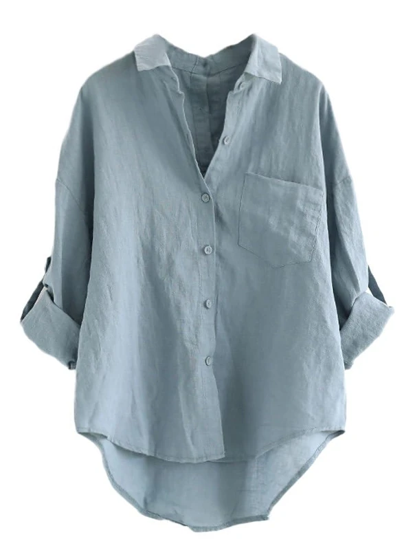 Minibee Women's Linen Blouse High Low Shirt Roll-Up Sleeve Tops, Blue, XXL
