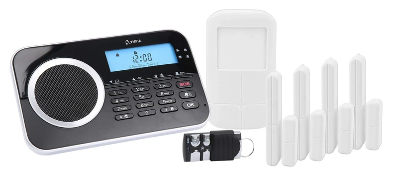 OLYMPIA Protect 9761 GSM Home Alarm System Set with 4 Door/Window Contacts 1 Motion Sensor and Remote Control Black