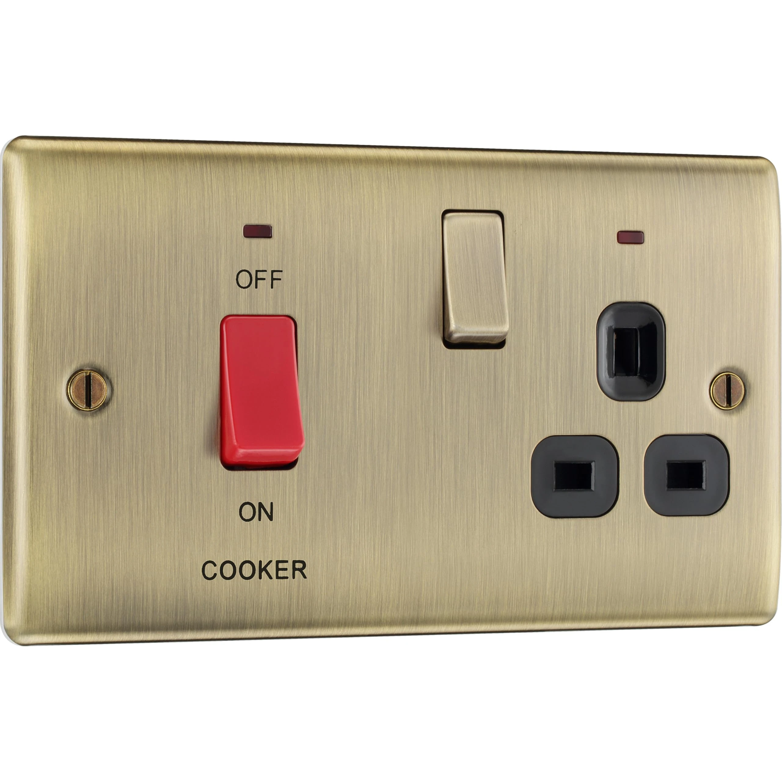 BG Electrical Cooker Switch with Socket and LED, Cooker Control Unit, Control Socket, Double Pole, Raised Profile, Round Edges, Nexus Metal, Antique Brass, 45A, NAB70B