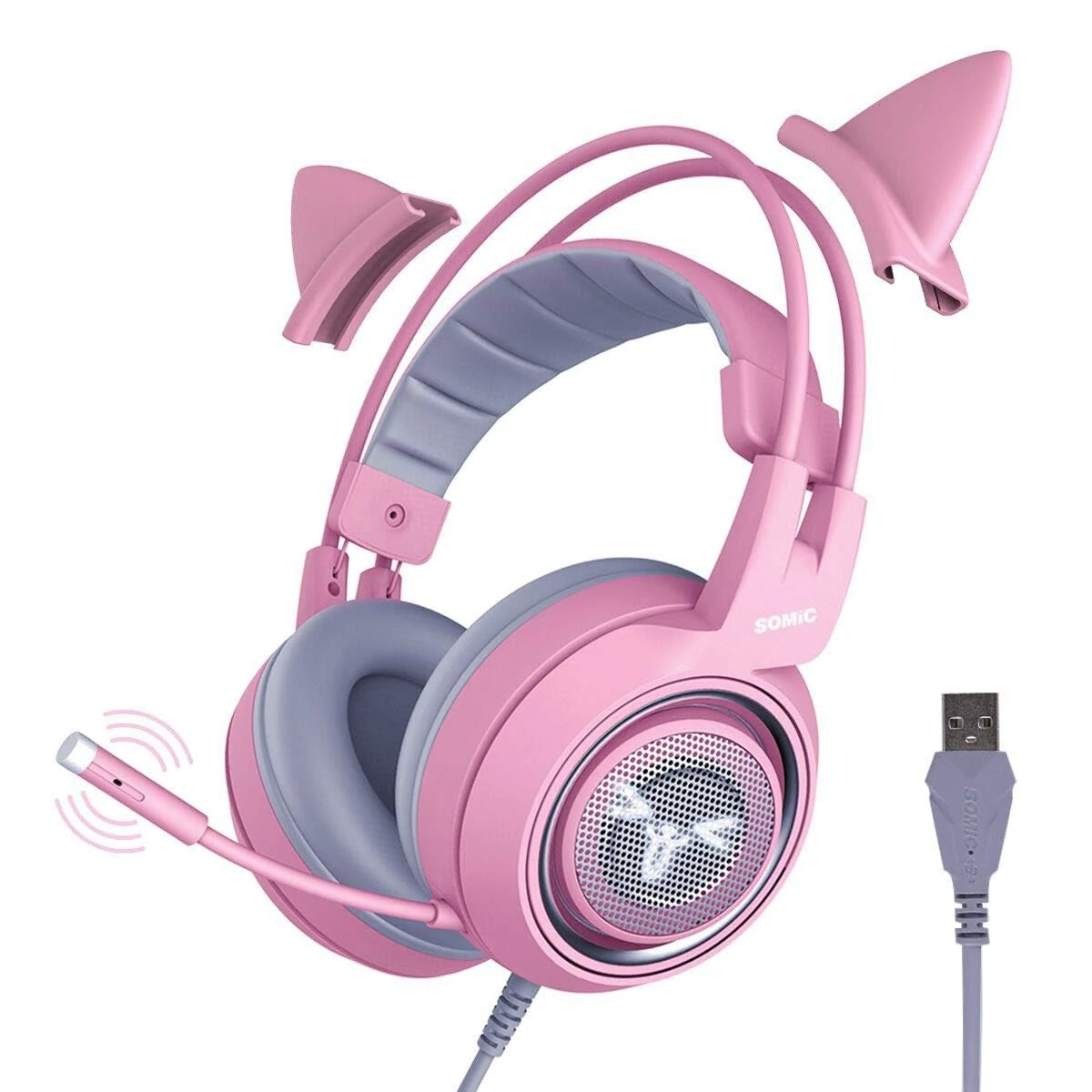 SOMiC Pink Cat Gaming Headset with Virtual 7.1 and LED Light, Surround Sound, Headset with Noise Cancelling Mic for Computer, PS4, Laptop to Girls, Woman (USB Plug)