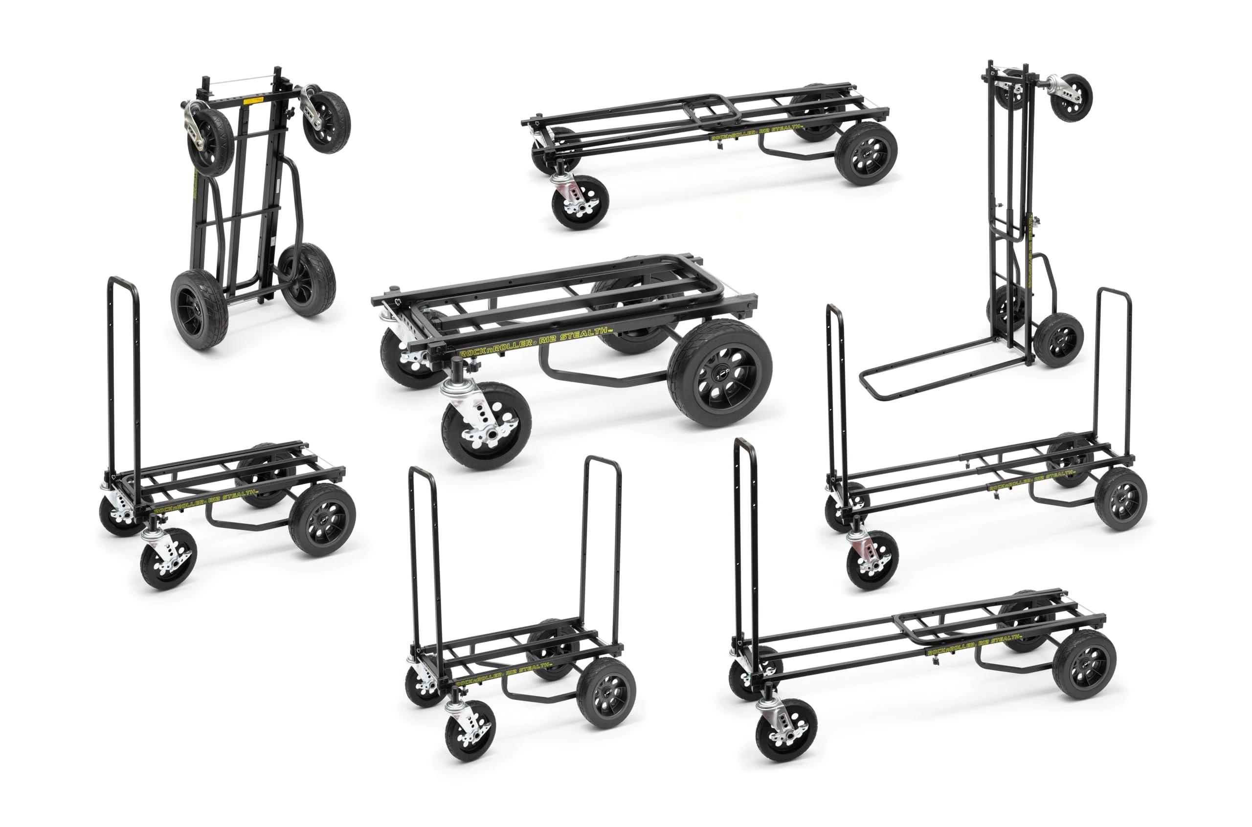 Rock-N-Roller R12STEALTH (All Terrain Stealth) 8-in-1 Folding Multi-Cart/Hand Truck/Dolly/Platform Cart/34" to 52" Telescoping Frame/500 lbs. Load Capacity, Black