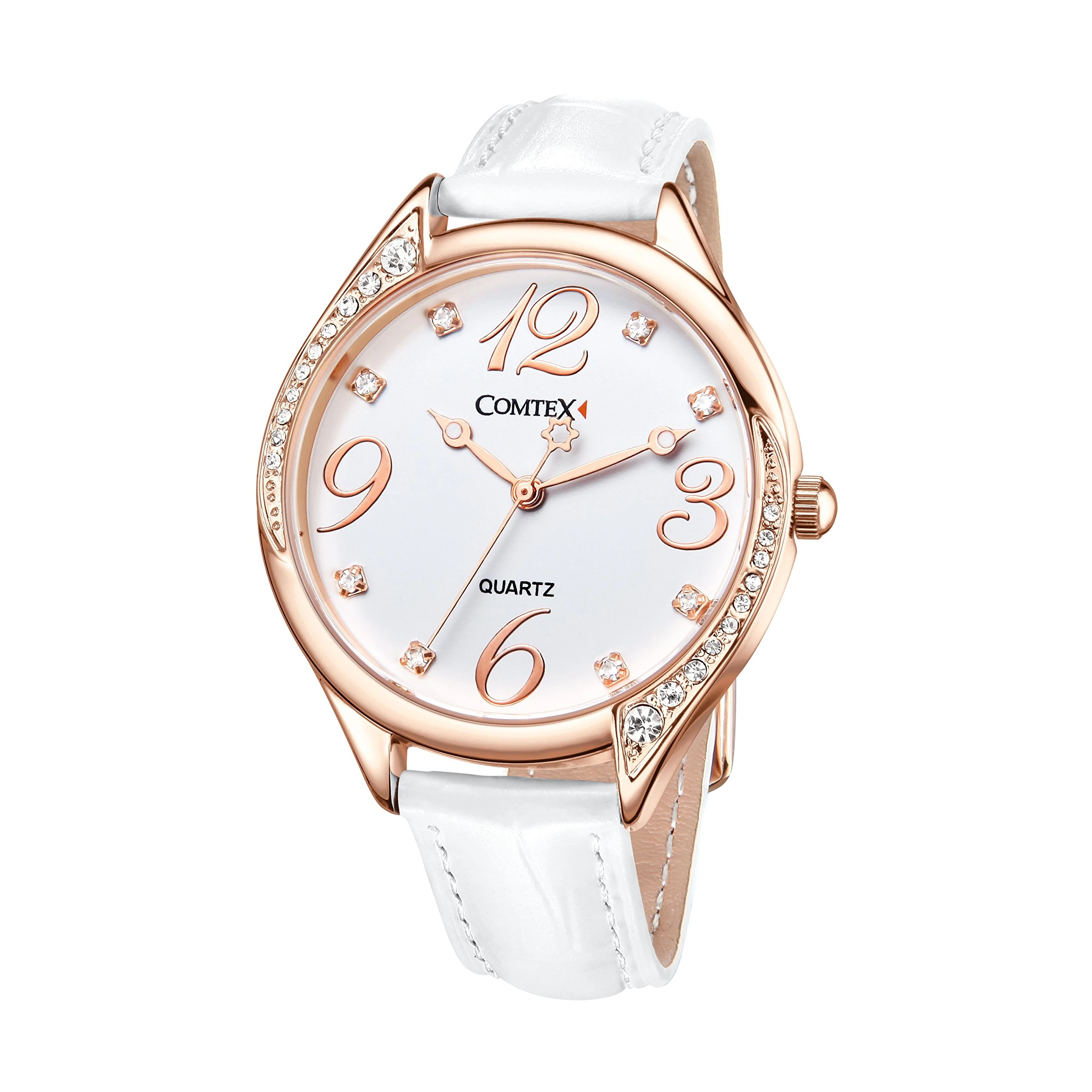 COMTEX Ladies Watch White Large Dial Face Crystal Diamante White Leather Strap Watch (Rose Gold)
