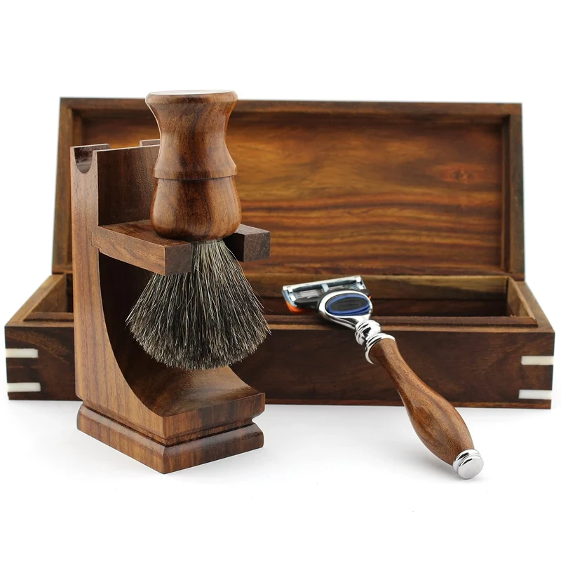 Haryali London, 4 Pcs Wooden Shaving Kit for Men - Wet Shaving Set with 5 Edge Razor, Badger Shaving Brush & Stand – Traditional Shaving Gift Set for Men