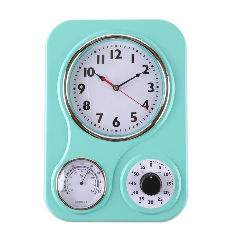 Lily's Home Retro Kitchen Wall Clock, with a Thermometer and 60-Minute Timer, Ideal for Any Kitchen, Turquoise (9.5 in x 13.3 in)