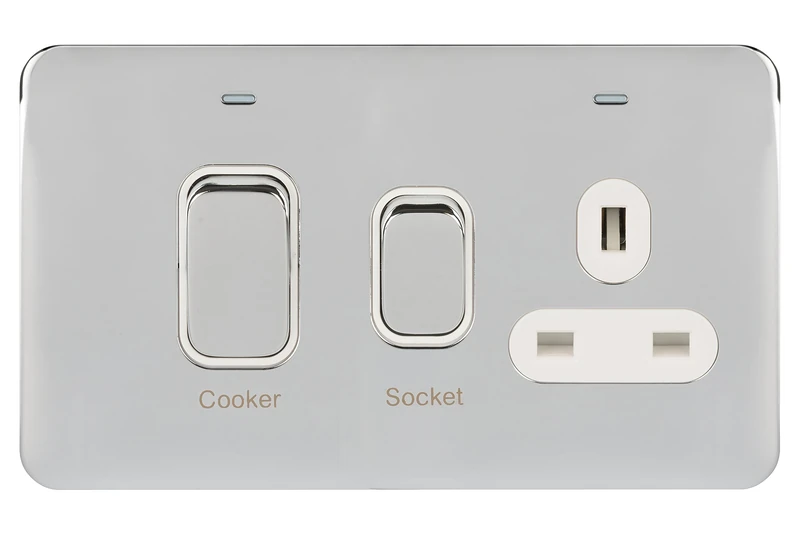 Schneider Electric Lisse Screwless Deco - Single Cooker Control Unit with Socket, Double Pole with Neon Indicator, 45A, GGBL4001WPC, Polished Chrome with White Insert