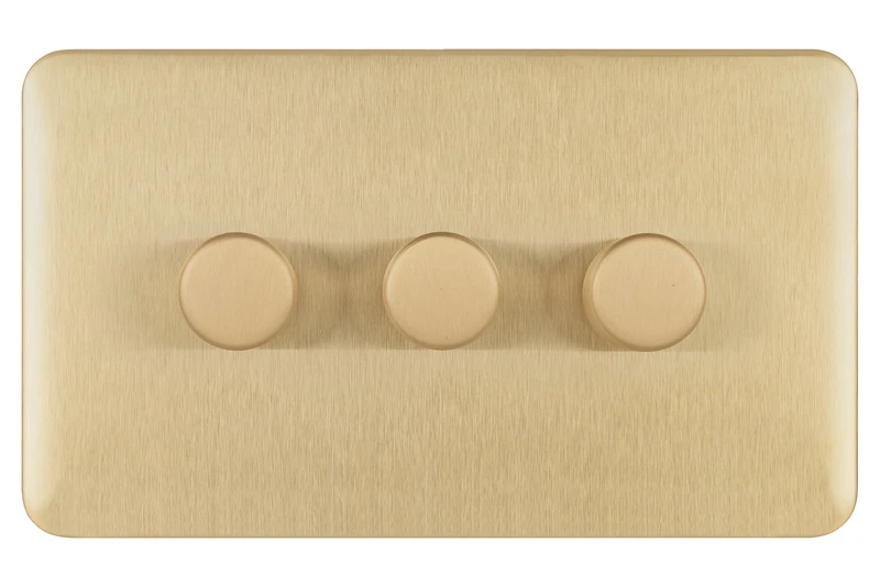 Schneider Electric Lisse Screwless Deco - 3 Gang Universal 2 Way Dimmer Light Switch, 250 W/VA, GGBL6032CSBS, Satin Brass