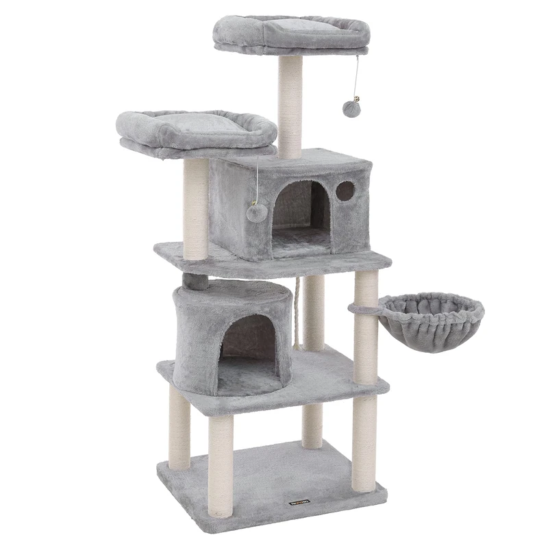 Feandrea Cat Tree, Tall Cat Tower, 2 Caves, Light Grey PCT90W