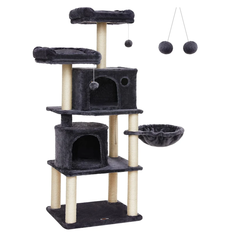 FEANDREA Cat Tree, Tall Cat Tower, 2 Caves, Smoky Grey PCT90G