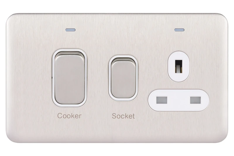 Schneider Electric Lisse Screwless Deco - Switched Cooker Control Unit with 13 A Single Socket and Neon Indicator, 45 A, GGBL4001WSS, Stainless Steel with White Insert - Image 1