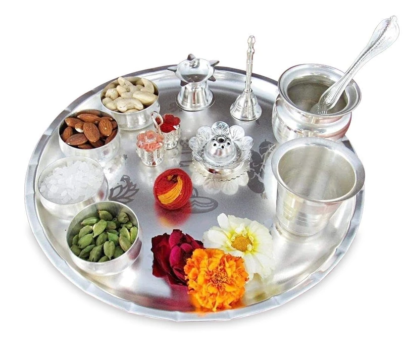 NOBILITY Silver Plated Pooja thali Set 12 Inch for Festival Ethnic Puja Thali Gift for Diwali, Home, Temple, Office, Wedding Gift - Image 1