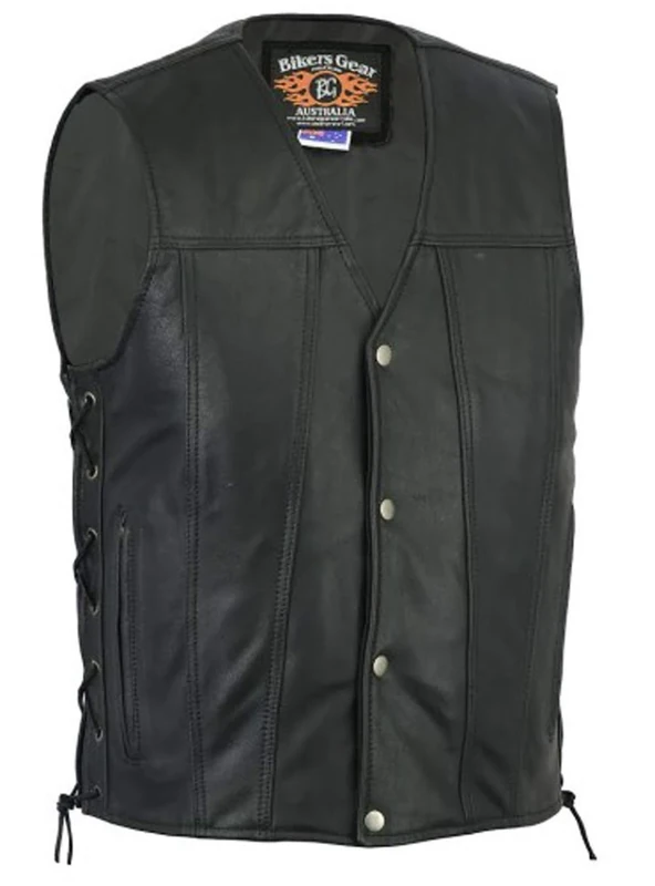 Bikers Gear Australia Premium 1.3mm Soft Cowhide Harley Style Leather Vest with Adjustable Lace Sides and Pockets, Black, Size 3XL