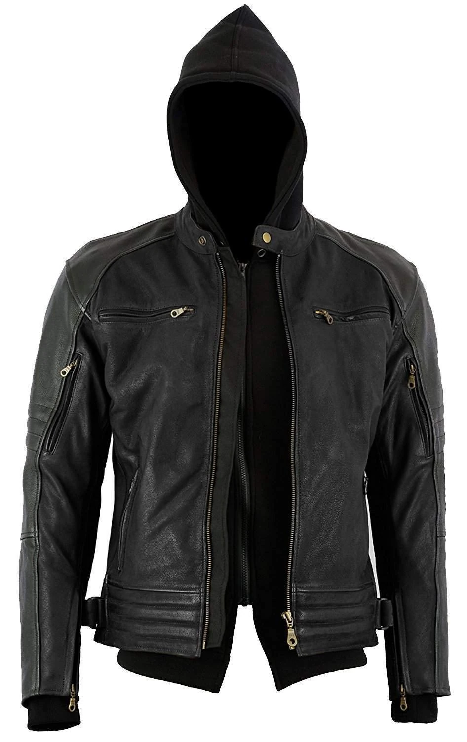 Bikers Gear Australia New Craig Waxed Nubuck Premium Leather with Removable Hoodie Motorcycle Jacket, CE 1621-1 Removable 5 Piece Armour, Charcoal Black, Size M