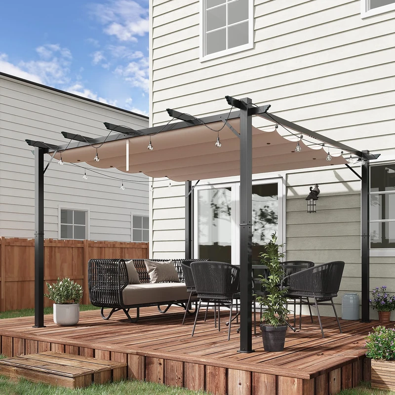 Outsunny 3 x 3(m) Pergola with Retractable Roof Canopy, Aluminium Frame Garden Gazebo Outdoor Sun Shade Shelter for Grill, Patio, Brown