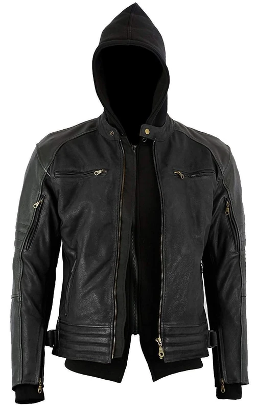 Bikers Gear Australia New Craig Waxed Nubuck Premium Leather with Removable Hoodie Motorcycle Jacket, CE 1621-1 Removable 5 Piece Armour, Charcoal Black, Size XL