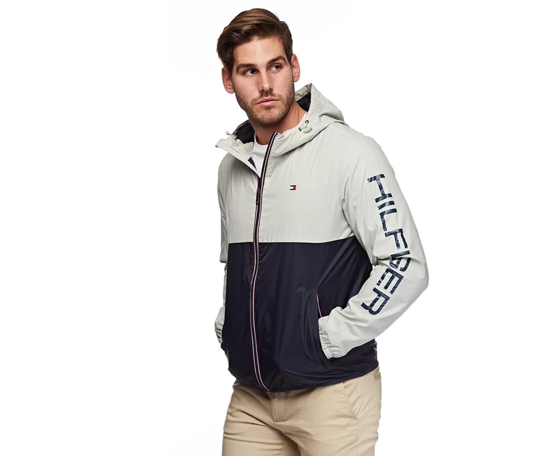 Tommy Hilfiger Men's Lightweight Active Water Resistant Hooded Rain Jacket, Ice/Navy Colorblock, S