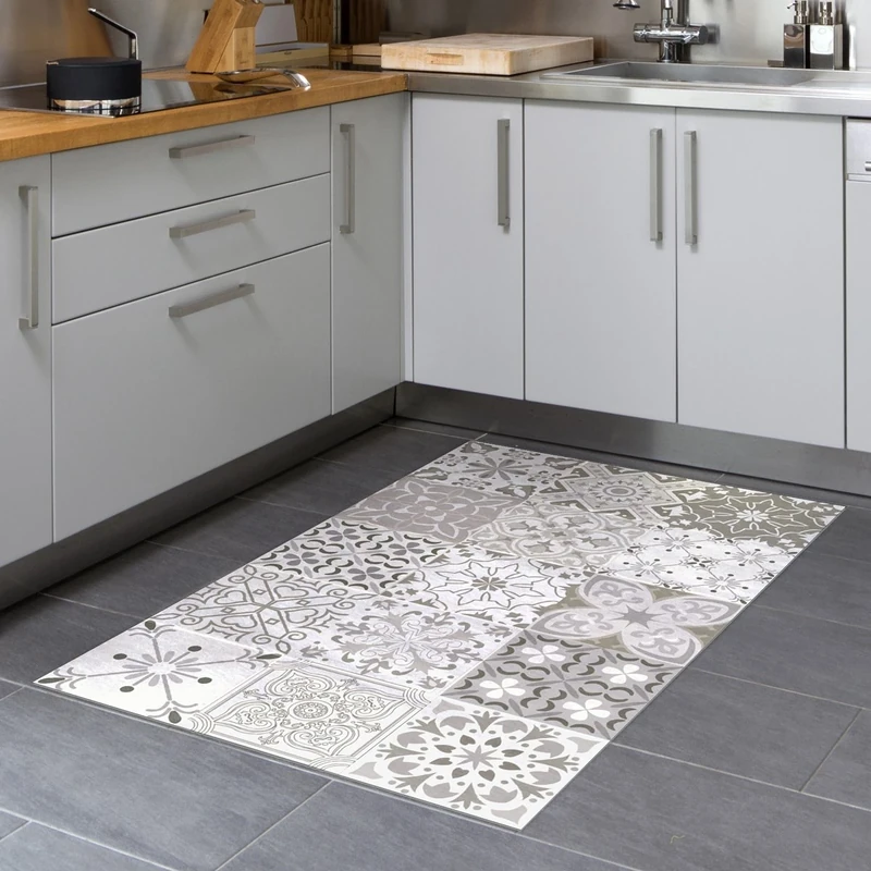 Vinyl PVC Floor Mat - Non-Slip - Floor Protection - Cement Tile Inspiration - Hand Washable - Thickness 2.2 mm - 60 cm x 100 cm - Shades of Grey