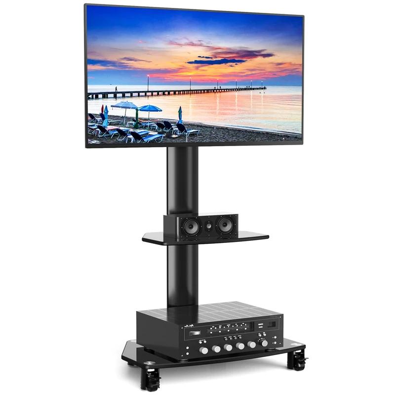 RFIVER Swivel TV Stand on Wheels for 27"- 65" TV, Height Adjustable Mobile TV Cart Trolley holds 50kg for Flat&Curved Screen max VESA 400x400mm