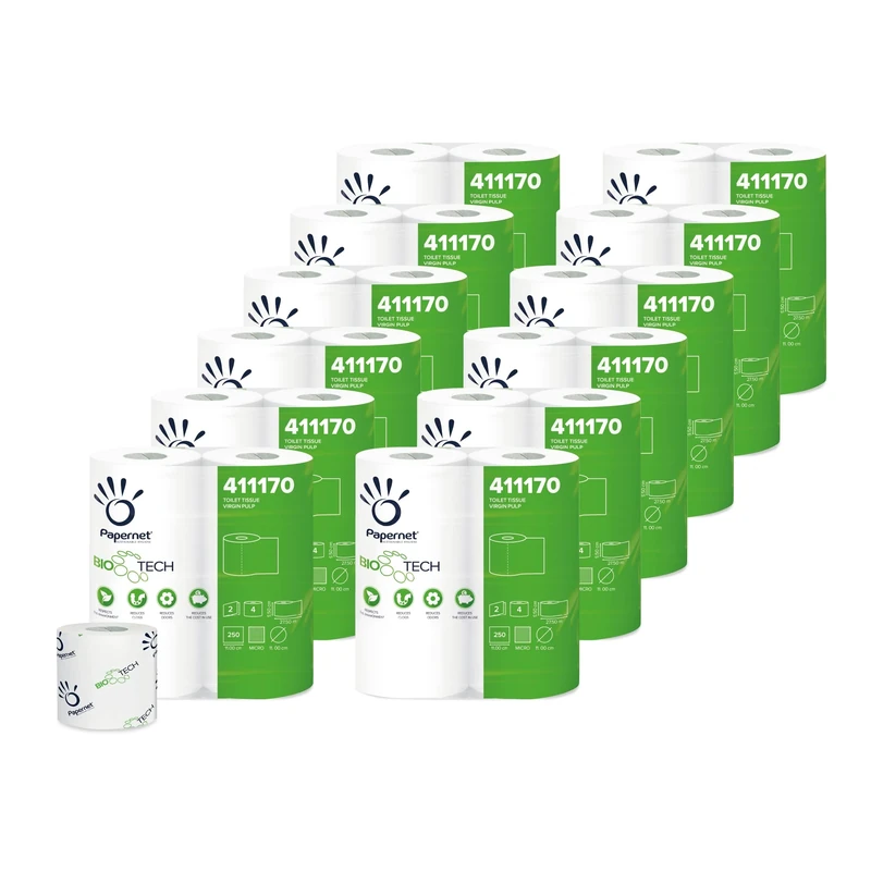 Papernet Bio Tech - Toilet Paper 411170, 4 Rolls per Package, Pure Cellulose, Biodegradable, 2 Ply, 27.5m 28 mLength per Roll, 250 Tears per Roll, Individually Wrapped Rolls