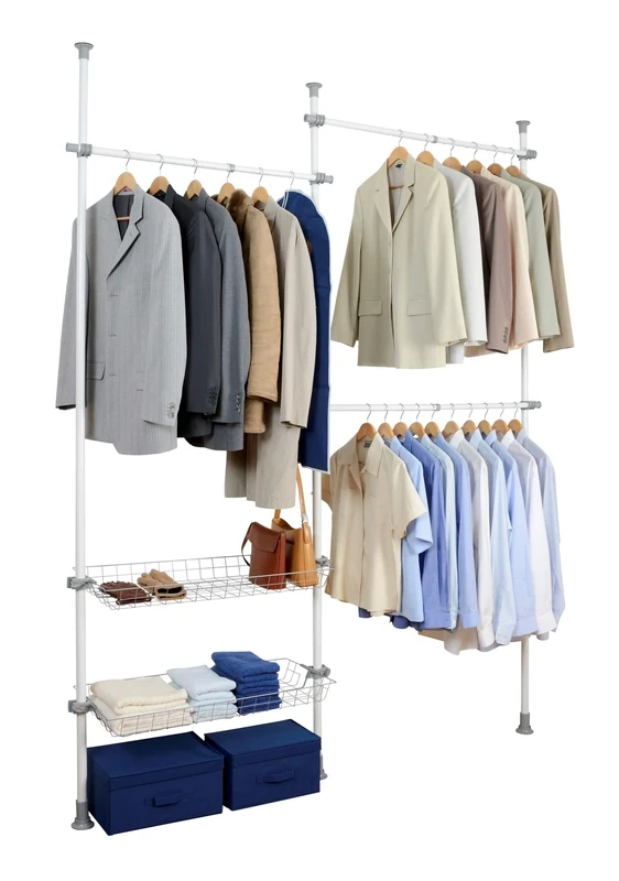 WENKO 50611100 Telescopic clothes rack system Herkules Duo - adjustable organisation system, coat rack system, Steel, 164-215 x 165-300 x 38 cm, White