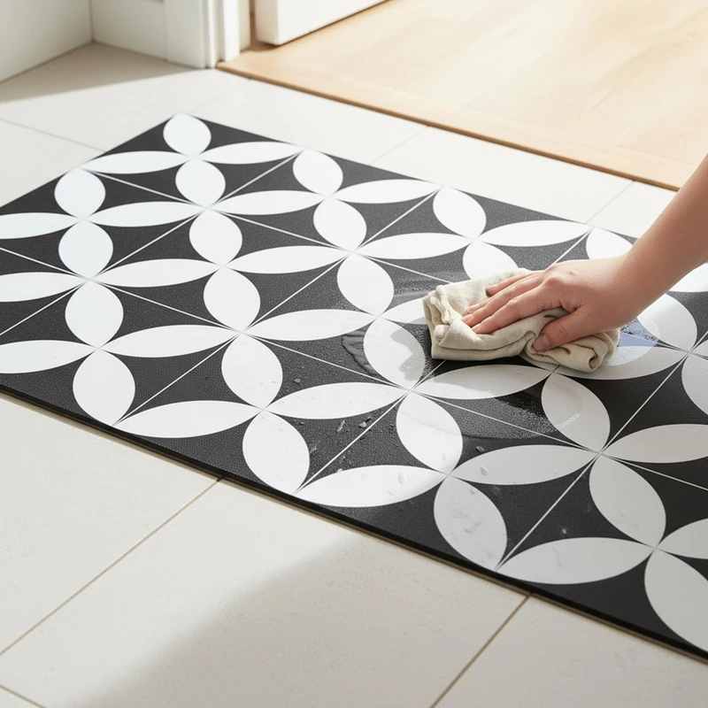 Ambiance-Live PVC carpet. Non-slip Floor protection. Cement tile design. Hand wash. Thickness: 2.2 mm. 60 cm x 100 cm. Black and white.