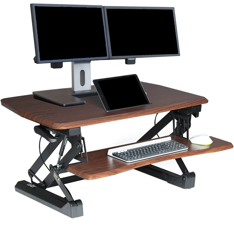 Seville Classics Height Adjustable Dual Monitor Riser with Keyboard Tray & Smartphone/Tablet Stand, Walnut