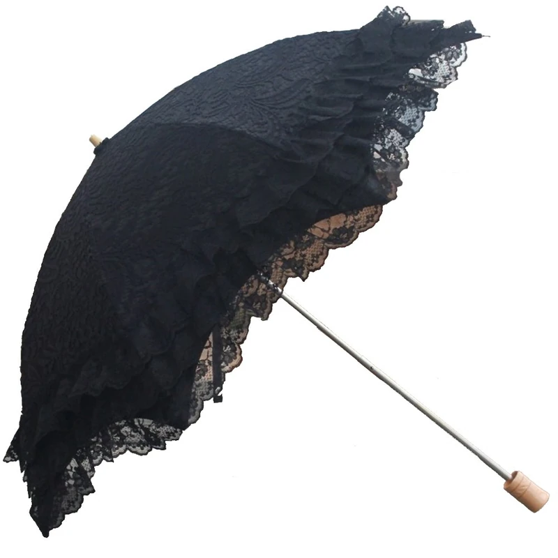 Honeystore Vintage Sun Umbrella 2 Folding Bridal Wedding Lace Parasol Decoration Black - Image 1