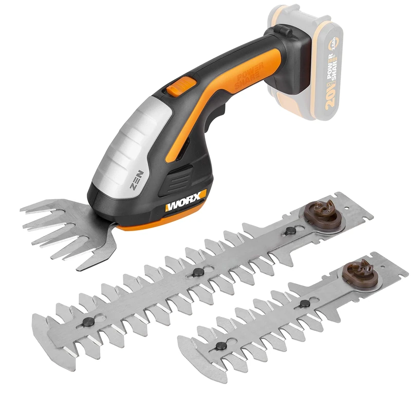WORX WG801E.9 - Cordless Grass and Shrub Shears 20 V PowerShare, 3-in-1 Scissors with Various Knife Attachments - 20 cm Scissors, 12 cm Shrub Trimmer, 10 cm Grass Knife - Without Battery and Charger