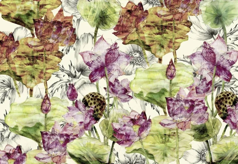 Komar Non-Woven Photo Wallpaper, Lotus | 368 x 248 cm | Wallpaper, Wall Decoration, Flowers, Art, Collage, Living Room, Bedroom, Wellness | XXL4-070