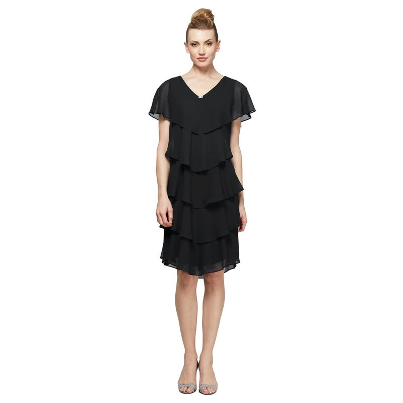 S.L. Fashions Women's Tiered Pebble Dress (Petite and Regular Sizes) Special Occasion, Black, 16