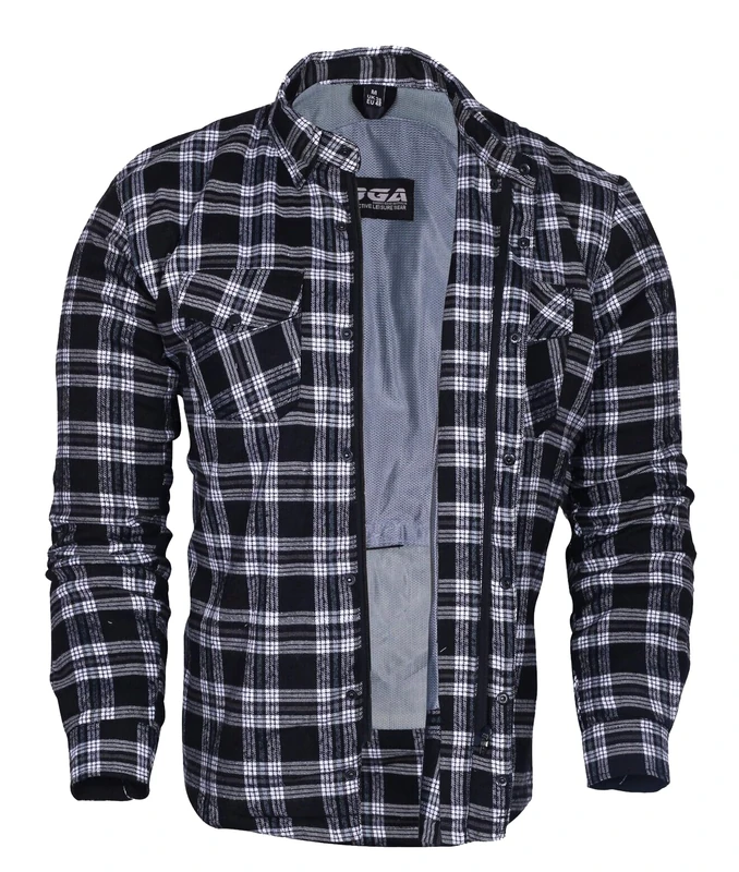 Bikers Gear Australia Motorcycle Kevlar Aramid Lined Protective Flannel Shirt Stripe, Black and White with CE 1621-1 Removable Armour Size 3XL