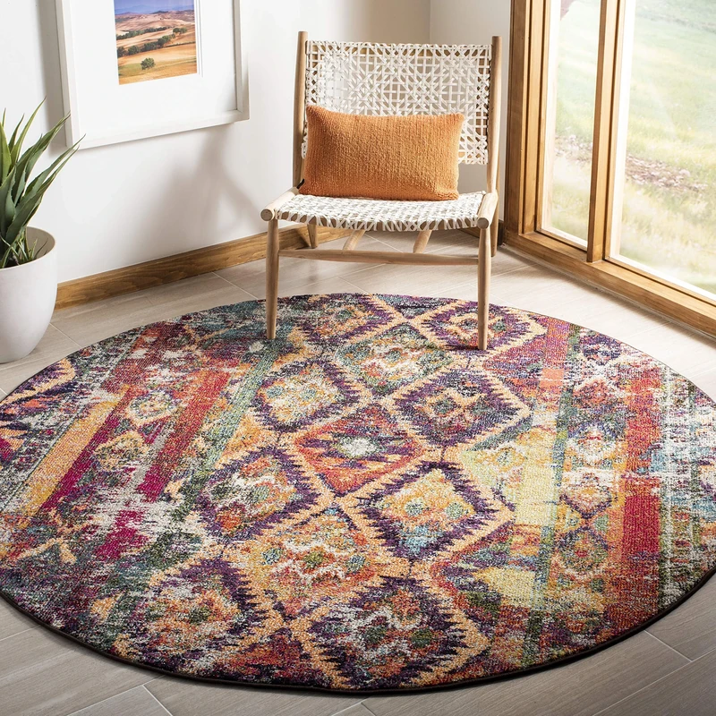 Safavieh Boho Rug for Living Room, Dining Room, Bedroom - Monaco Collection, Short Pile, in Purple and Orange, 200 x 200 cm