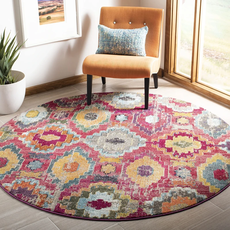 Safavieh Monaco Collection Boho Rug for Living Room, Dining Room, Bedroom Rug, Short Pile, Red and Blue, 200 x 200 cm