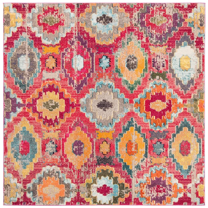 Safavieh Monaco Collection Boho Rug for Living Room, Dining Room, Bedroom Rug, Short Pile, Red and Blue, 200 x 200 cm