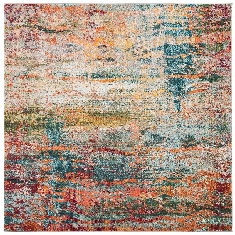 Safavieh Boho Rug for Living Room, Dining Room, Bedroom - Monaco Collection, Short Pile, in Teal and Orange, 200 x 200 cm
