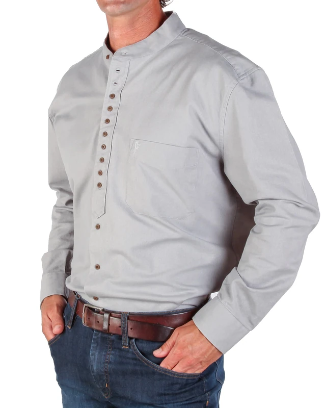 The Celtic Ranch Traditional Irish Grandfather, Men's Long-Sleeve Collarless Shirt - Grey - Medium