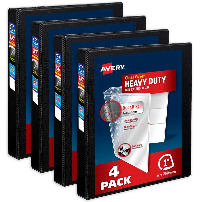 Avery Heavy-Duty View 3 Ring Binders, 1 Inch One Touch Slant Rings, DuraHinge, 1.4 Inch Wide Spine, Customizable Clear Cover and Spine, Black Binders (4-Pack of 79868)