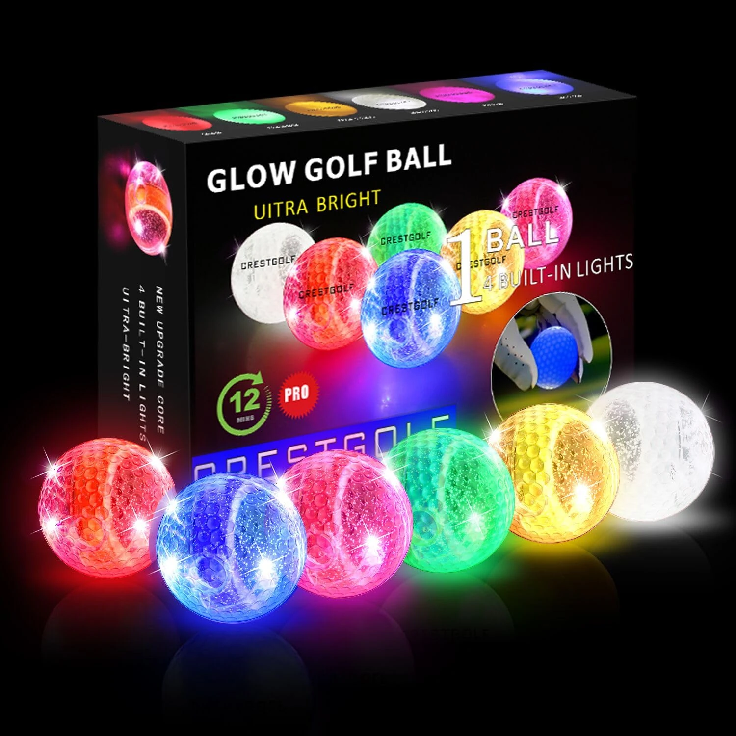CRESTGOLF LED Golf Balls Colourful Light Up Golf Balls, Night Glow Flash Light Up Golf Ball for Long Distances, Pink, Red, Blue, Green, Yellow, White