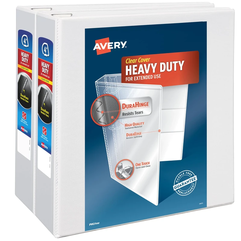 Avery Heavy Duty View 3 Ring Binder, 4" One Touch Slant Ring, Holds 8.5" x 11" Paper, 2 White Binders (79875)