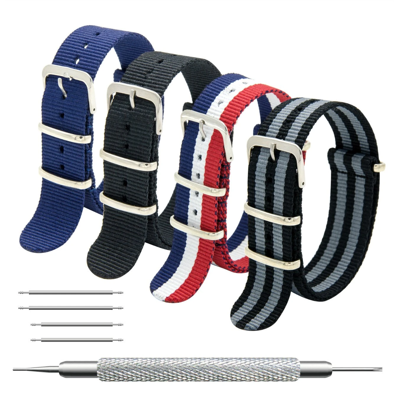MEGALITH Nato Strap 4/8 Packs 16mm 18mm 20mm 22mm 24mm Ballistic Nylon Watch Bands Swiss Zulu Straps Stainless Steel Buckle with 4 Top Spring Bars and Spring Bar Link Pin Remover Tool