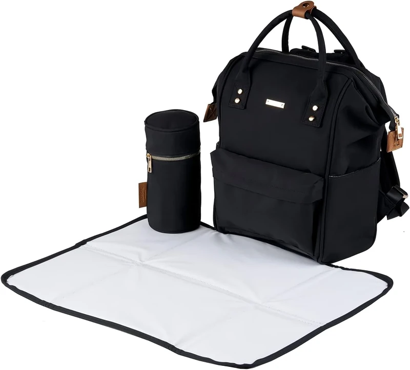 baba bing | Mani Baby Changing Bag Large Backpack with Adjustable Shoulder Straps | Multifunction Baby Bag Backpack with Detachable Changing Mat & Insulated Bottle Holder | Black/Brown